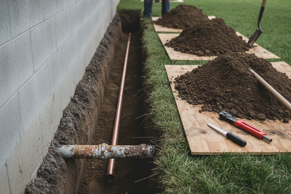 Excavated water line trench during Water Softener Installation in Bradley